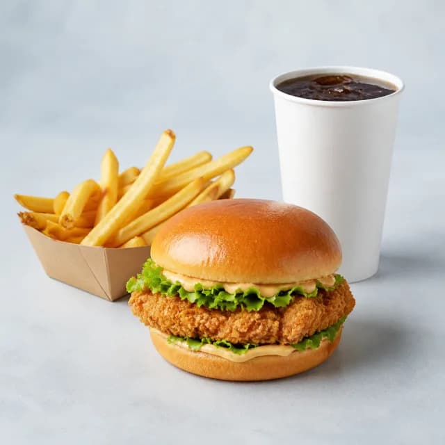 Tavuk burger, patates ve içecekten oluşan menü